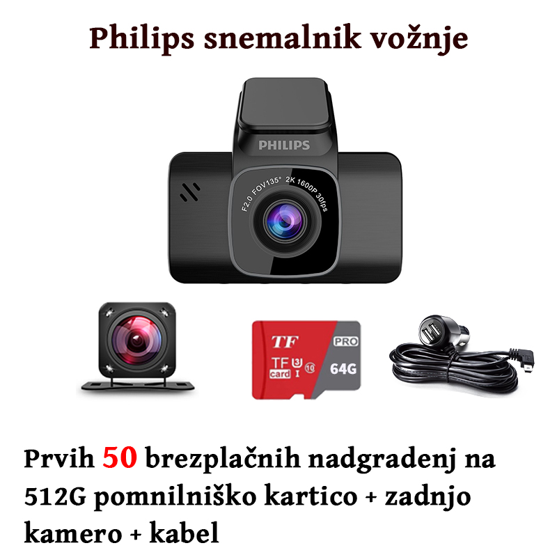 Philips snemalnik vožnje + slovenski meni + HD night vision + GPS + spominska kartica velike kapacitete (512GB)